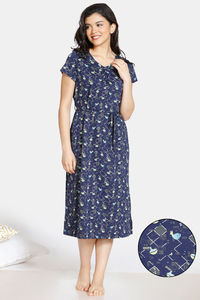 Buy Zivame Crossword Cotton Mid Length Nightdress - Navy Blue