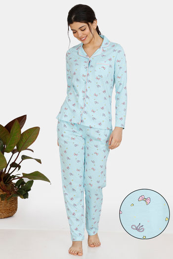 Zivame Slumber Chic Knit Cotton Pyjama Set Blue