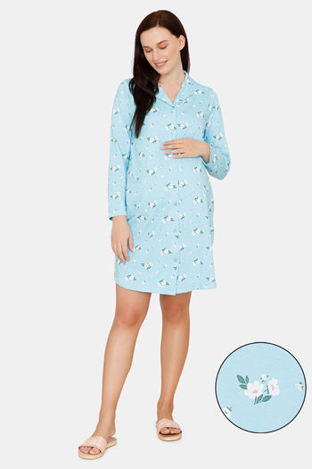Zivame Maternity Cotton Knee Length Nightdress - Medieval Blue