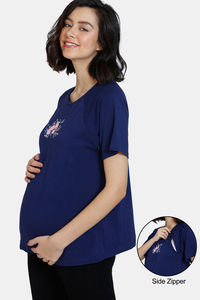 Buy Zivame Maternity Poly Cotton Top with Concealed Zippers - Medieval Blue