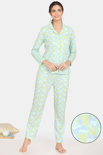 Zivame Happy Flock Cotton Pyjama Set - Aruba Blue