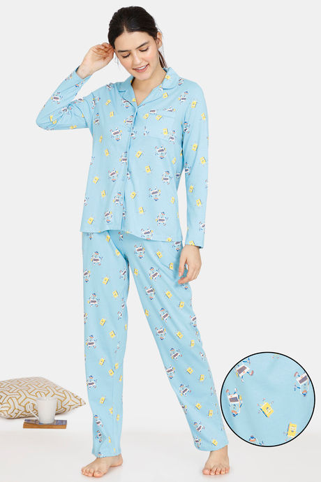 Zivame Happy Flock Cotton Pyjama Set Crystal Seas