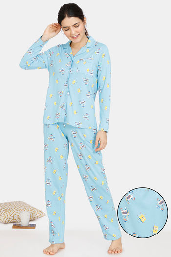 Zivame Happy Flock Cotton Pyjama Set Crystal Seas
