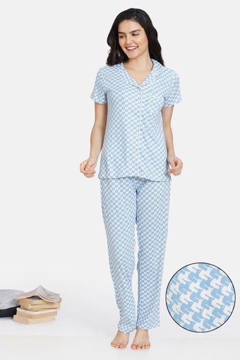 Buy Zivame Jigsaw Jungle Knit Cotton Pyjama Set - Alaskan Blue