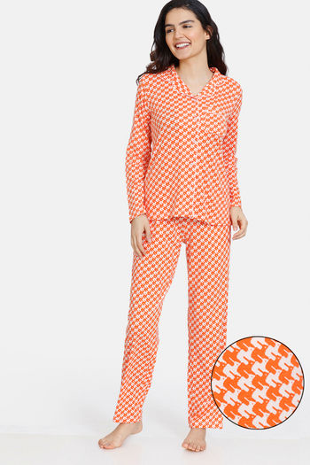 Buy Zivame Jigsaw Jungle Knit Cotton Pyjama Set - Coral Quartz