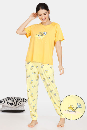 Zivame Groggy Froggy Knit Cotton Pyjama Set Popcorn