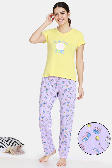 Zivame Bakers Nest Knit Cotton Pyjama Set -Orchid Bloom