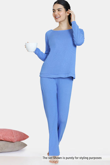 Buy Zivame Ribbed Cozy Knit Cotton Loungewear Pants - Wedgewood at Rs.1499  online