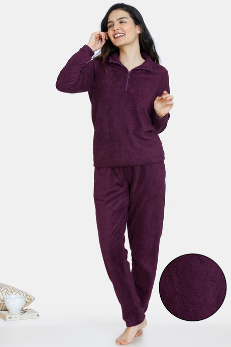 Zivame Warm Polar Fleece Knit Pyjama Set - Potent Purple