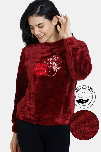 Buy Zivame Fluffy Fur Knit Poly Sweatshirt - Pomegranate