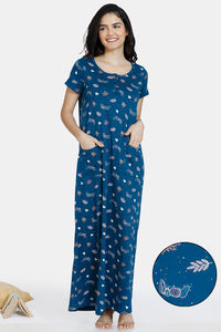 Buy Zivame Autumn Leaves Knit Cotton Full Length Nightdress - Sailor Blue