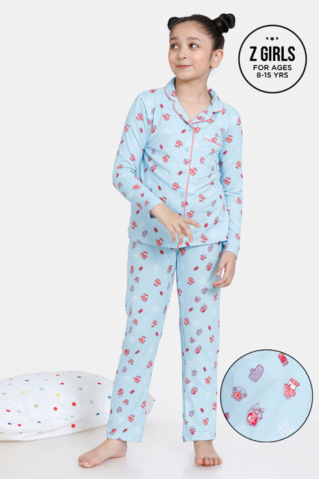 Zivame Girls Baker's Nest Knit Poly Pyjama Set - Crystal Blue