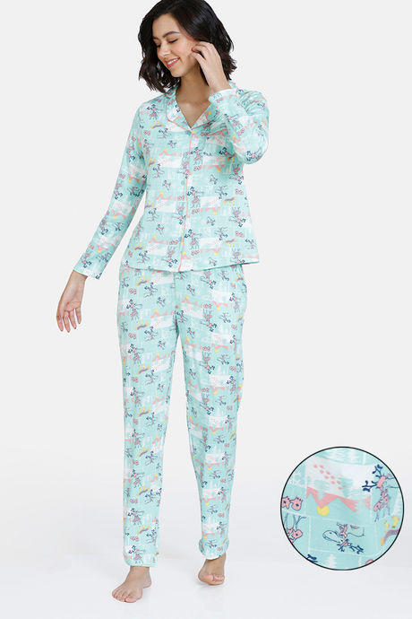 Zivame Reindeer Knit Cotton Pyjama Set - Ice Green
