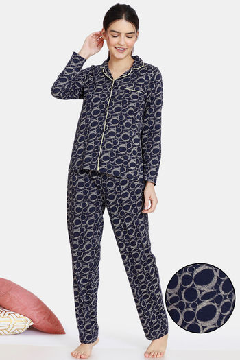 Buy Zivame Impression Knit Cotton Pyjama Set - Dark Sapphire
