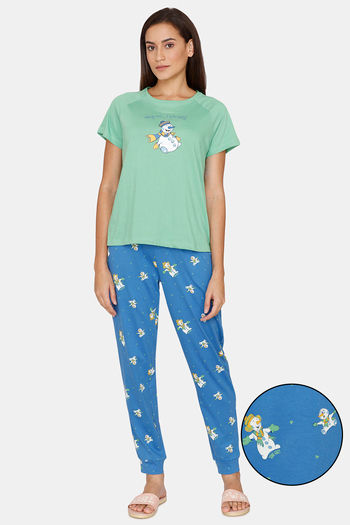 Zivame Snowman Knit Cotton Pyjama Set - Vallarta Blue