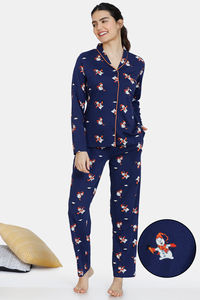 Buy Zivame Snowman Knit Cotton Pyjama Set - Medieval Blue