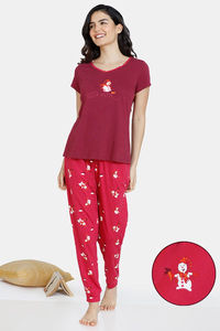 Buy Zivame Snowman Knit Cotton Pyjama Set - Raspberry Wine