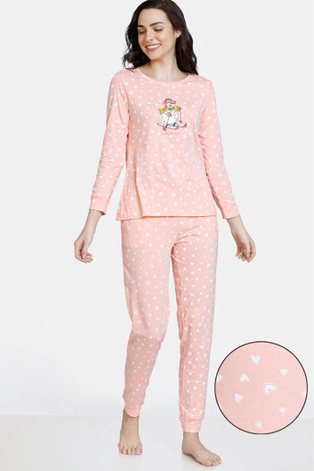 Zivame Trendy Basics Knit Cotton Pyjama Set - Peach Pearl