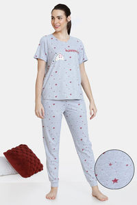 Buy Zivame Trendy Basics Knit Cotton Pyjama Set - Aop Grey Melange
