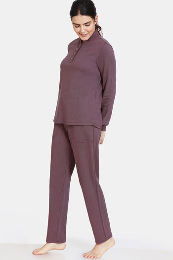 Zivame Cozy Ribbed Viscose Blend Waffle Loungewear Set Sparrow