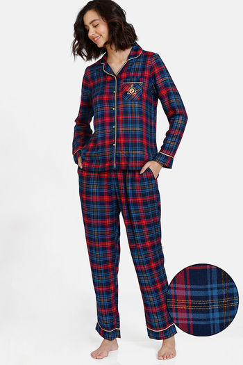 Buy Zivame Yarn Dyed Twill Woven Pyjama Set  - Medieval Blue