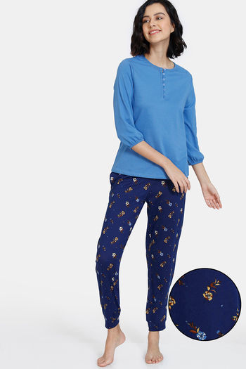 Buy Zivame Dark Floral Knit Poly Pyjama Set - Medieval Blue