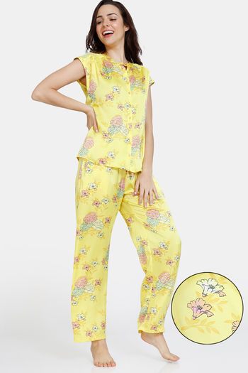 Zivame Paradise Garden Woven Pyjama Set - Aspen Gold