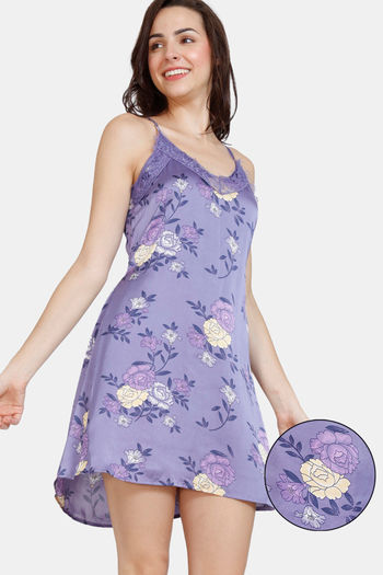 Buy Zivame Paradise Garden Woven Above Knee Length Nightdress - Twilight Purple