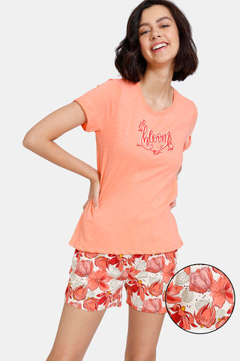Buy Zivame Bloched Bloom Woven Shorts Set - Fresh Salmon