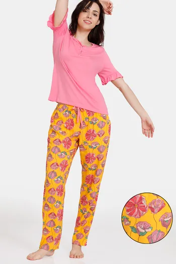 Buy Zivame Blotched Bloom Woven Pyjama Set - Solar Power