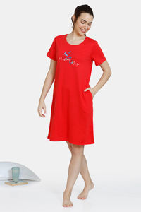 Buy Zivame Color Me Happy Knit Cotton Knee Length Nightdress - Poppy Red