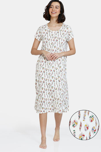 Buy Zivame Color Me Happy Knit Cotton Mid Length Nightdress - Egret