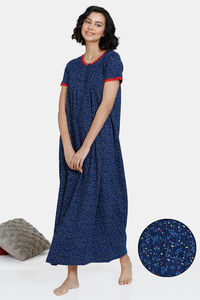 Buy Zivame Color Me Happy Knit Cotton Full Length Nightdress - Medieval Blue