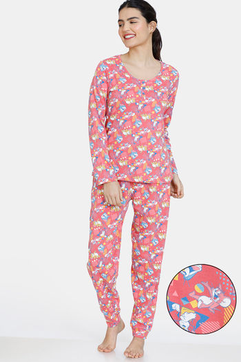 Buy Zivame Tom & Jerry Colour Block Knit Cotton Pyjama Set - Rose Of Sharon