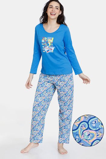Buy Zivame Tom & Jerry Colour Block Knit Cotton Pyjama Set - Super Sonic