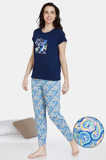 Zivame Tom  amp; Jerry Colour Block Knit Cotton Pyjama Set   Super Sonic