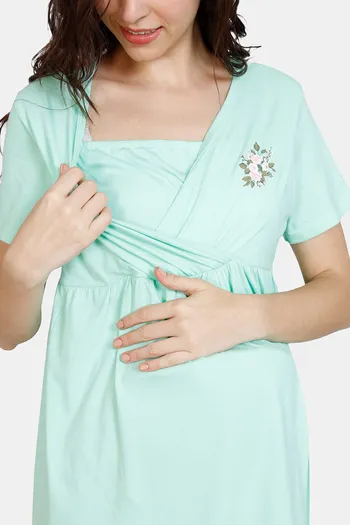 Zivame Maternity Knit Cotton Knee Length Nightdress - Green Ash