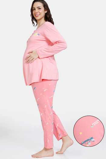 Zivame Maternity Knit Cotton Poly Pyjama Set Pink Icing