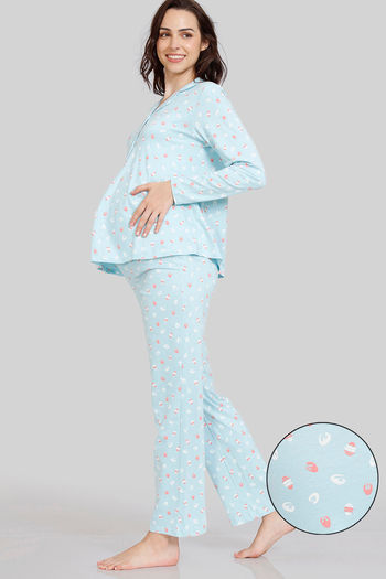 zivame maternity bunny rolls knit cotton pyjama sets plume