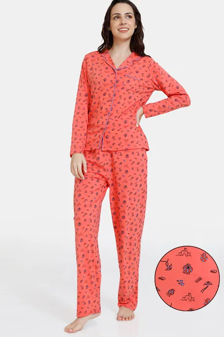 Zivame Summertime Knit Poly Pyjama Set - Emberglow