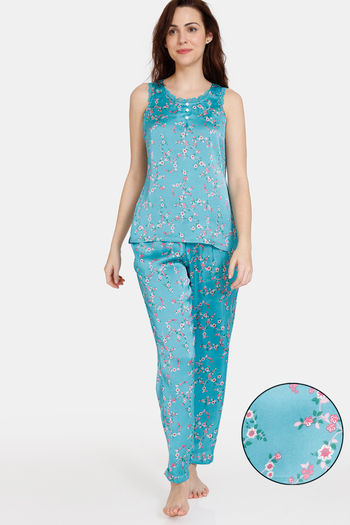 Buy Zivame Sprigged Florals Woven Pyjama Set - Tile Blue