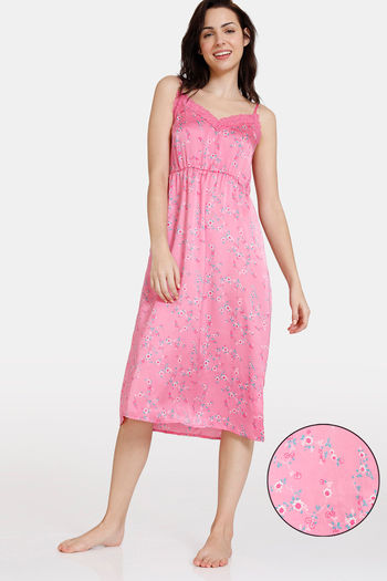 Buy Zivame Sprigged Florals Woven Mid Length Nightdress - Aurora Pink