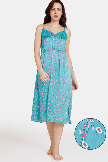 Buy Zivame Sprigged Florals Woven Mid Length Nightdress - Tile Blue