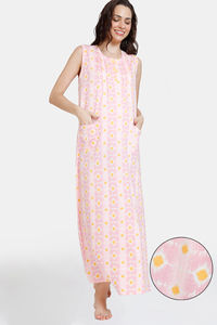 Buy Zivame Ikat Knit Cotton Full Length Nightdress - Candy Pink