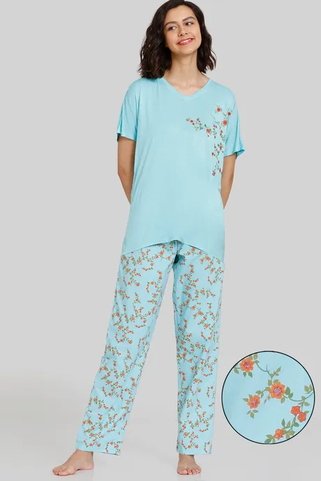 Zivame Wildflower Fields Woven Pyjama Set - Ipanema