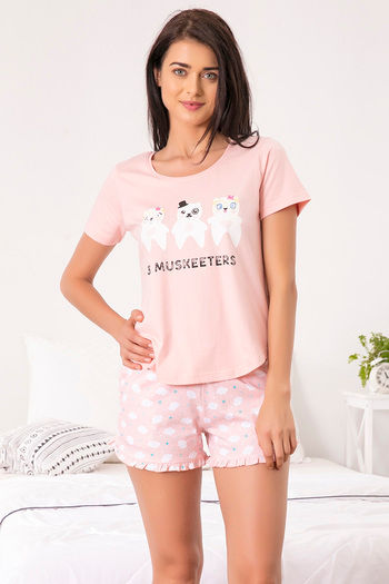 Zivame Three Musketeers Knit Cotton Shorts Set- Pink N Print