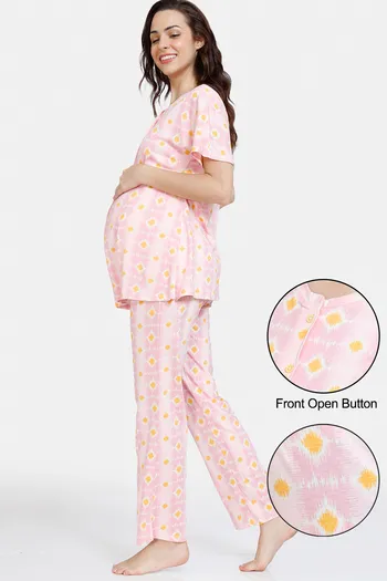 Buy Zivame Maternity Ikat Knit Cotton Pyjama Set - Candy Pink at