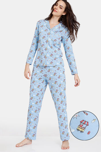 Buy Zivame Summer Treat Knit Cotton Pyjama Set - Blue Bell