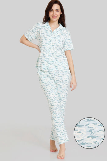 Buy Zivame Pet Puzzle Knit Cotton Pyjama Set - Whisper Blue