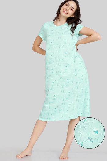 Buy Zivame Country Songs Knit Cotton Mid Length Nightdress - Bay